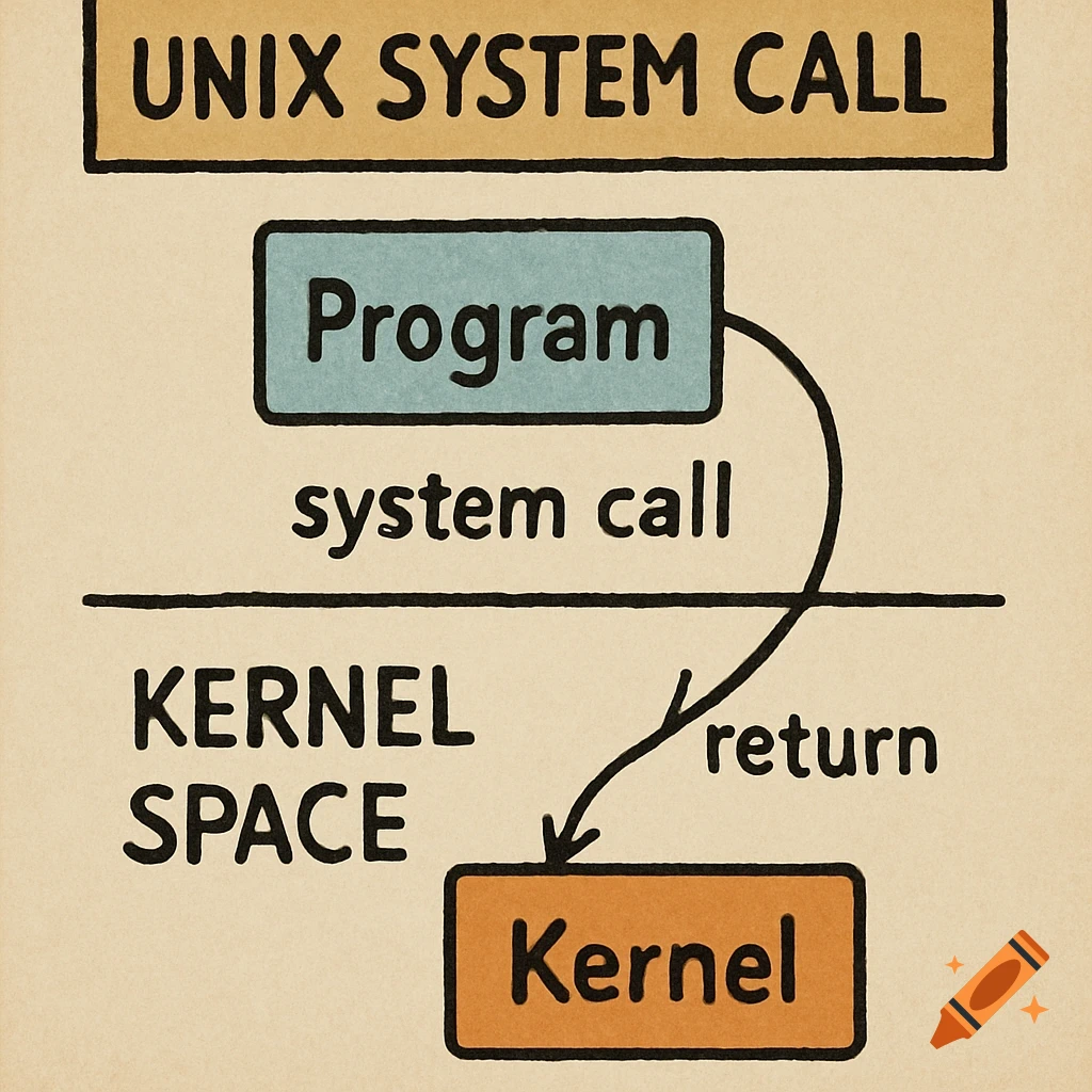 A hand-drawn diagram illustrating a UNIX system call flow from a program to the kernel and back.