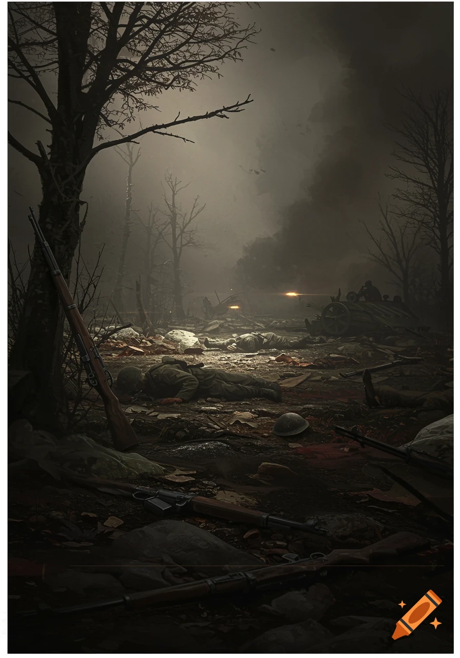 A dark, moody illustration of a desolate battlefield with dead soldiers and abandoned rifles under a misty sky.
