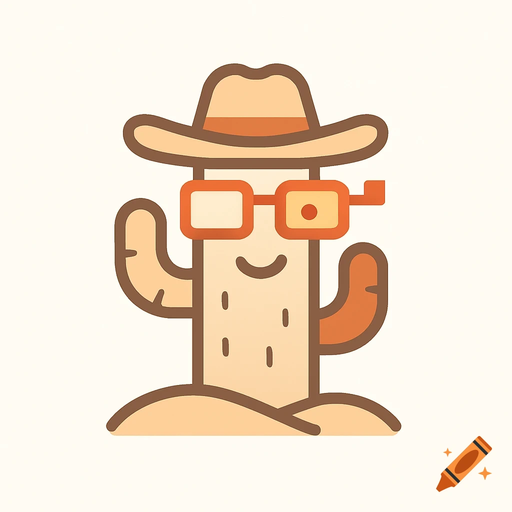 Minimalist flat vector design of a friendly cartoon cactus wearing a cowboy hat and sunglasses, on a sandy ground.