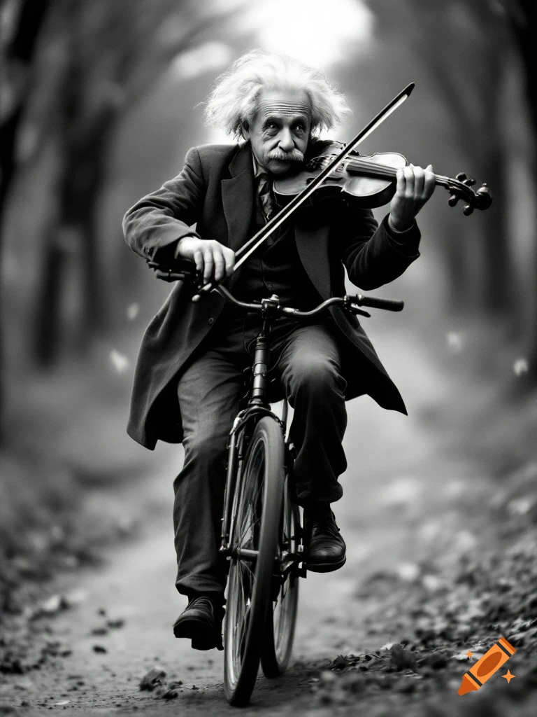 Black and white photo of Albert Einstein riding a bicycle while playing the violin on a tree-lined path.