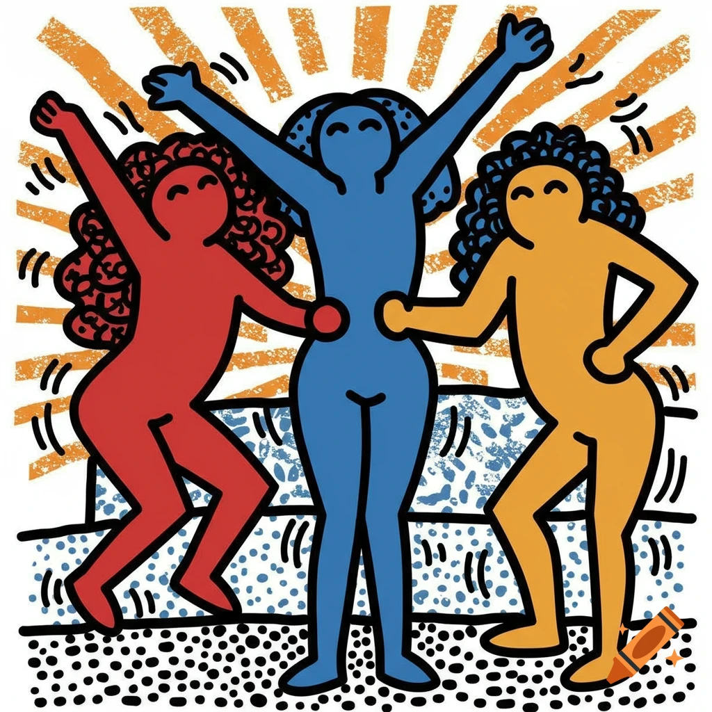 Three red, blue, and yellow figures dancing in Keith Haring style with patterned background and radiating lines.