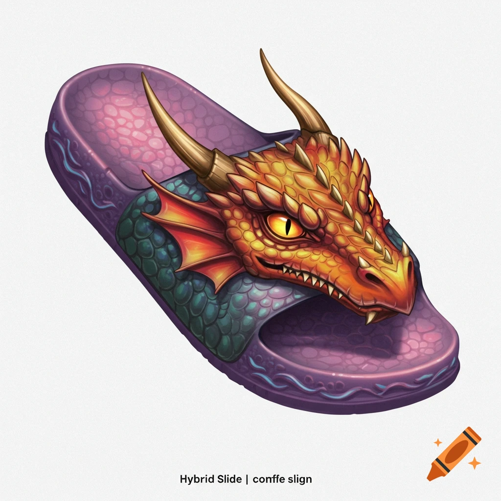 A purple foam slide with an orange and green dragon head design on top, featuring golden horns and sharp teeth.