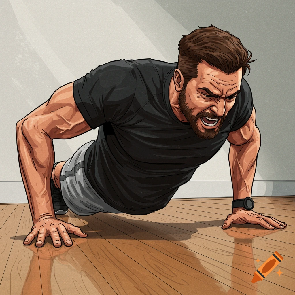 A stylized illustration of a man doing push-ups on a wooden floor.