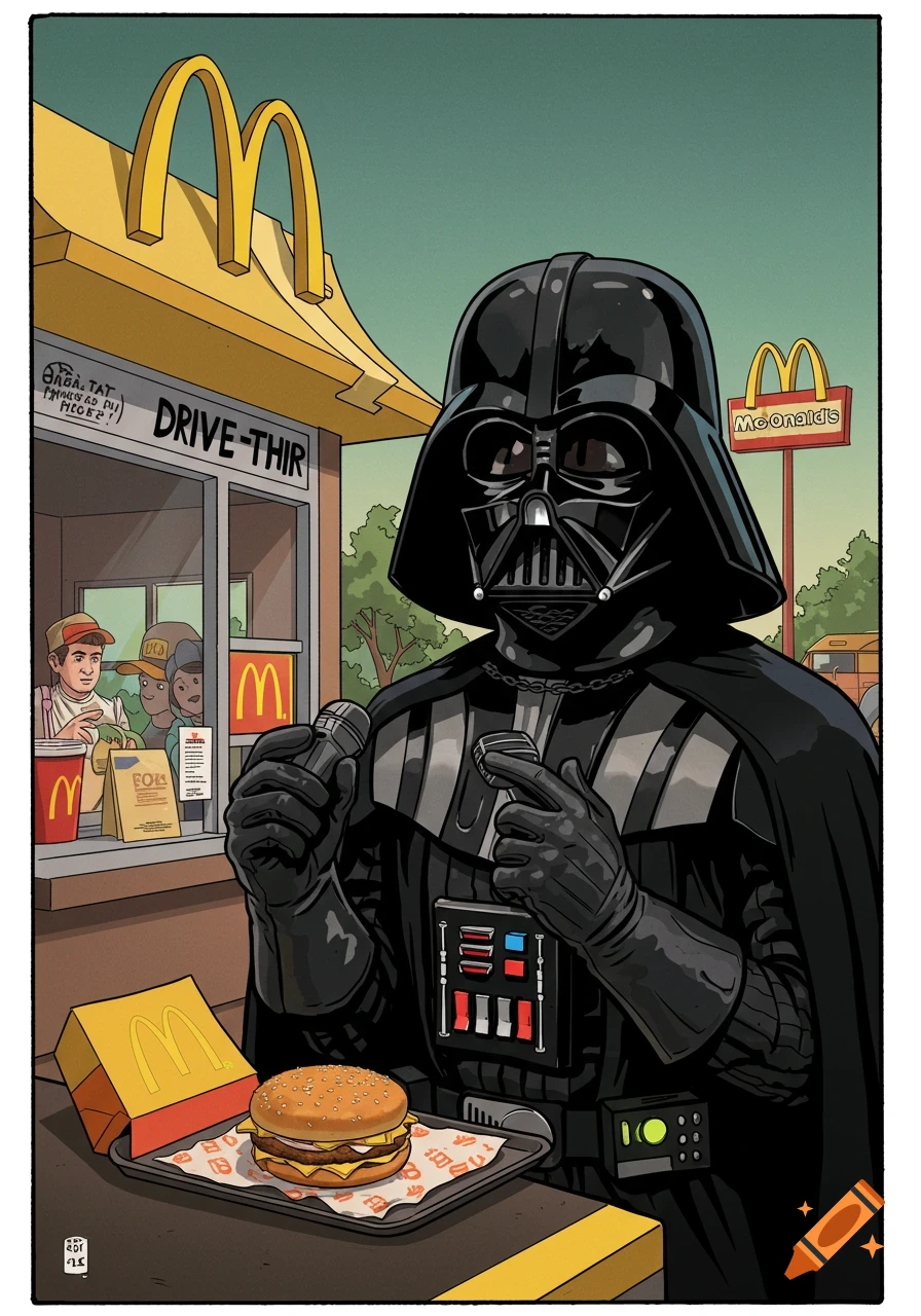Darth Vader at a fast-food drive-thru, holding microphones and looking at a hamburger on a tray.
