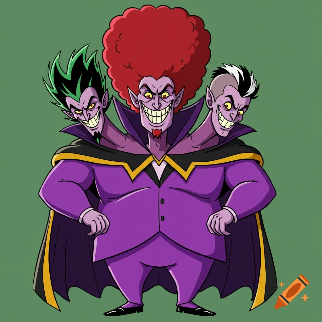 A cartoon villain with three heads, wearing a purple suit and cape.