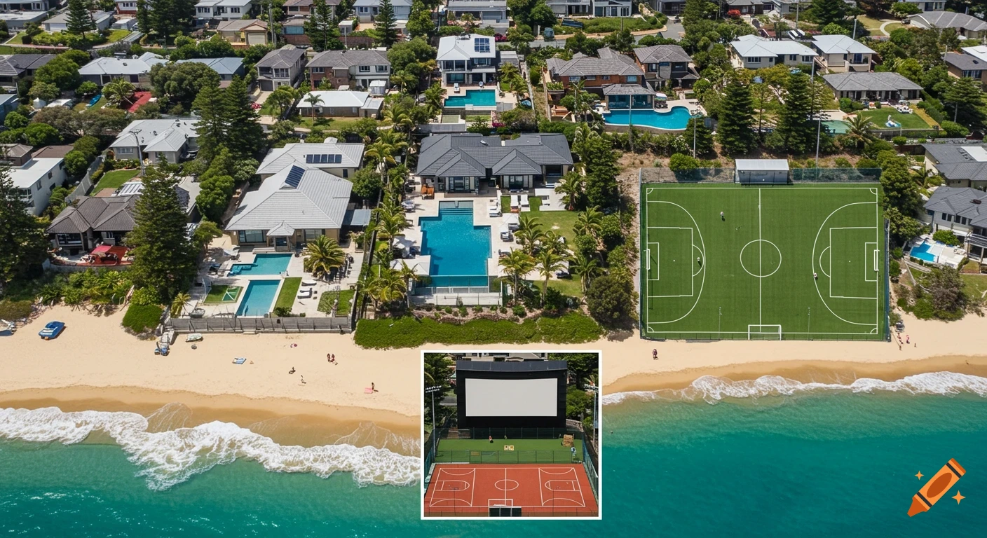 High-angle view of a luxury beach house with swimming pools, a soccer field, basketball court, and outdoor cinema.