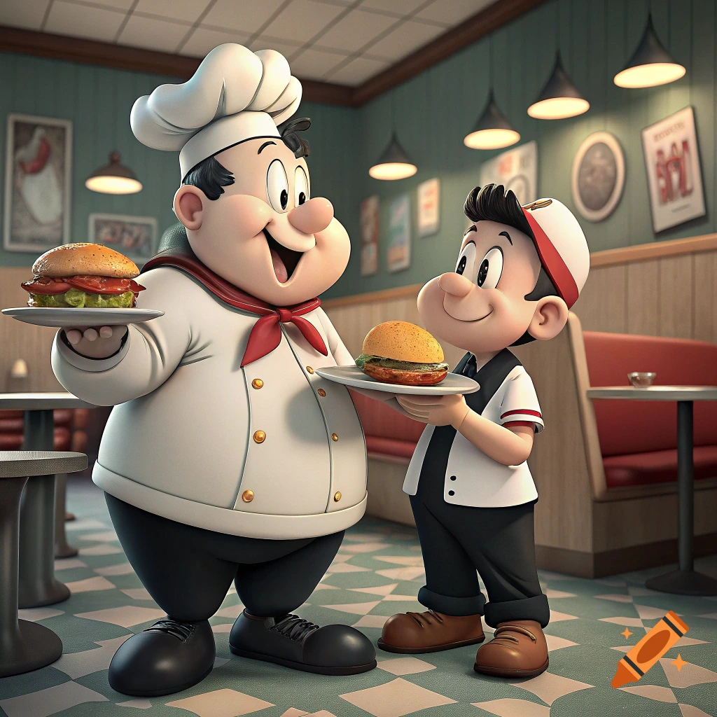 Two cartoon characters, a chef and a server, happily hold hamburgers in a diner.