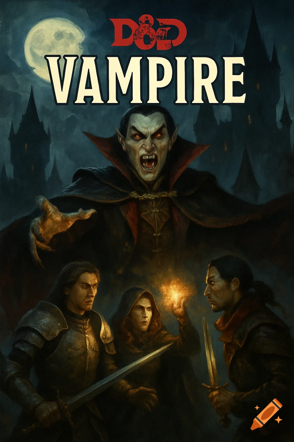 A fantasy illustration of a vampire over adventurers with swords and magic, under a moon. Text reads "D&D VAMPIRE".