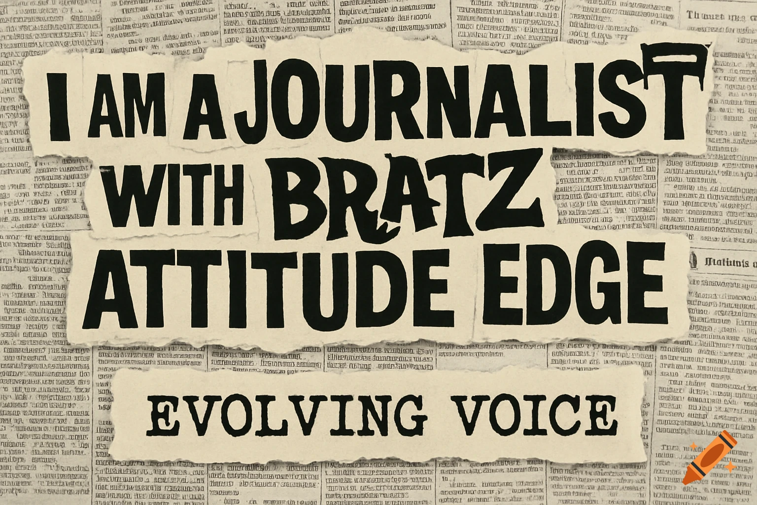 Bold text 'I AM A JOURNALIST WITH BRATZ ATTITUDE EDGE' and 'EVOLVING VOICE' on torn newspaper scraps in a scrapbook style.