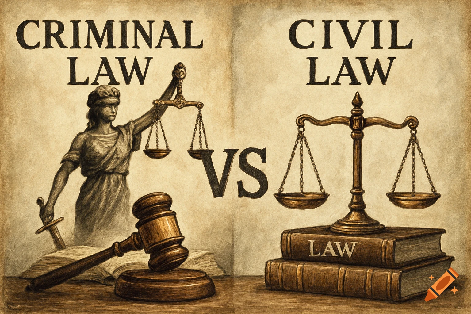 Illustration comparing Criminal Law and Civil Law, showing Lady Justice, scales, gavel, and law books on aged paper.