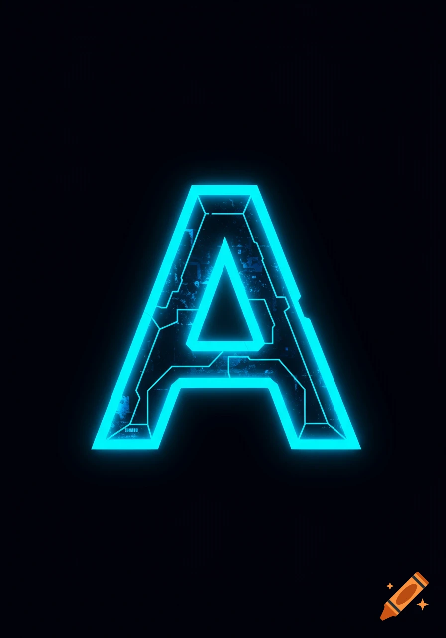 A glowing, neon blue letter A with circuit patterns on a black background.