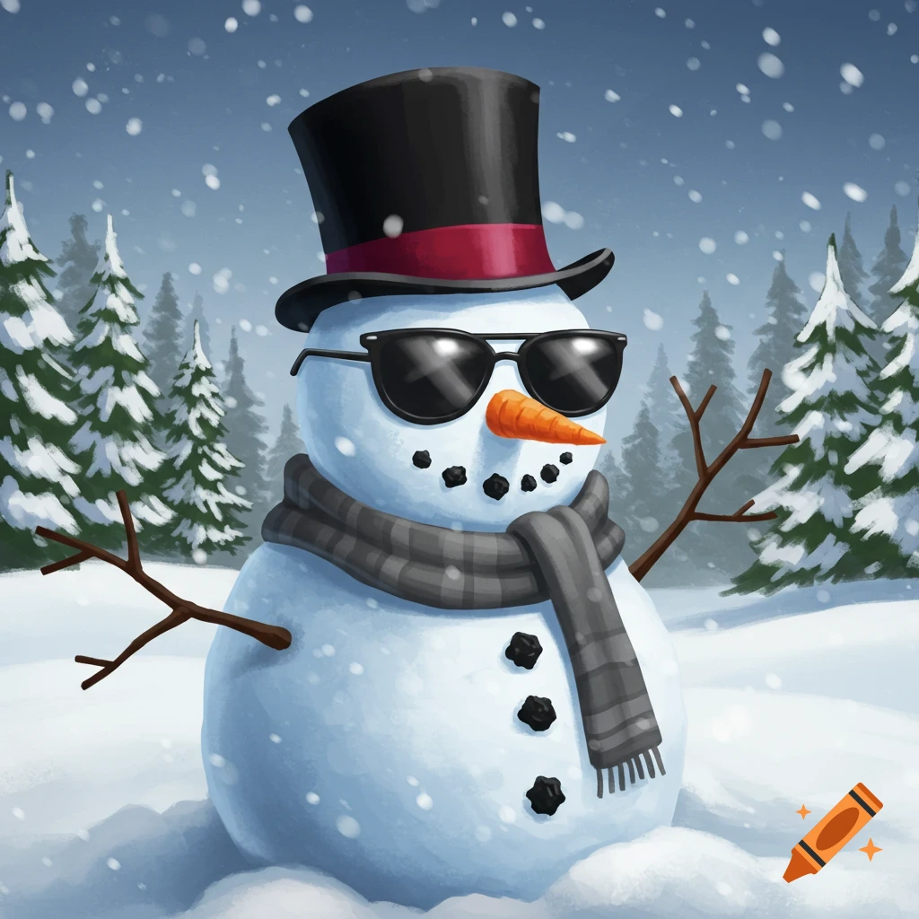 A stylized illustration of a snowman wearing a top hat, sunglasses, and a scarf in a snowy forest during snowfall.