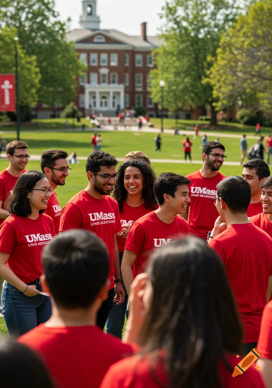 Group of students in red shirts stand on a sunny university campus lawn in front of a large brick building.