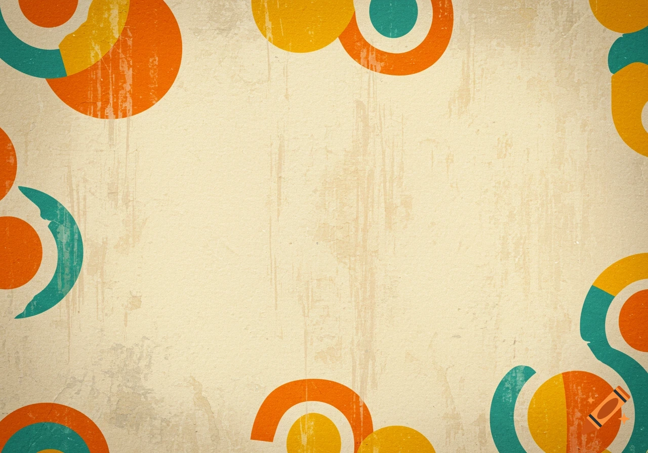 A retro-style abstract background with orange, yellow, and teal circular shapes on a distressed beige wall texture.