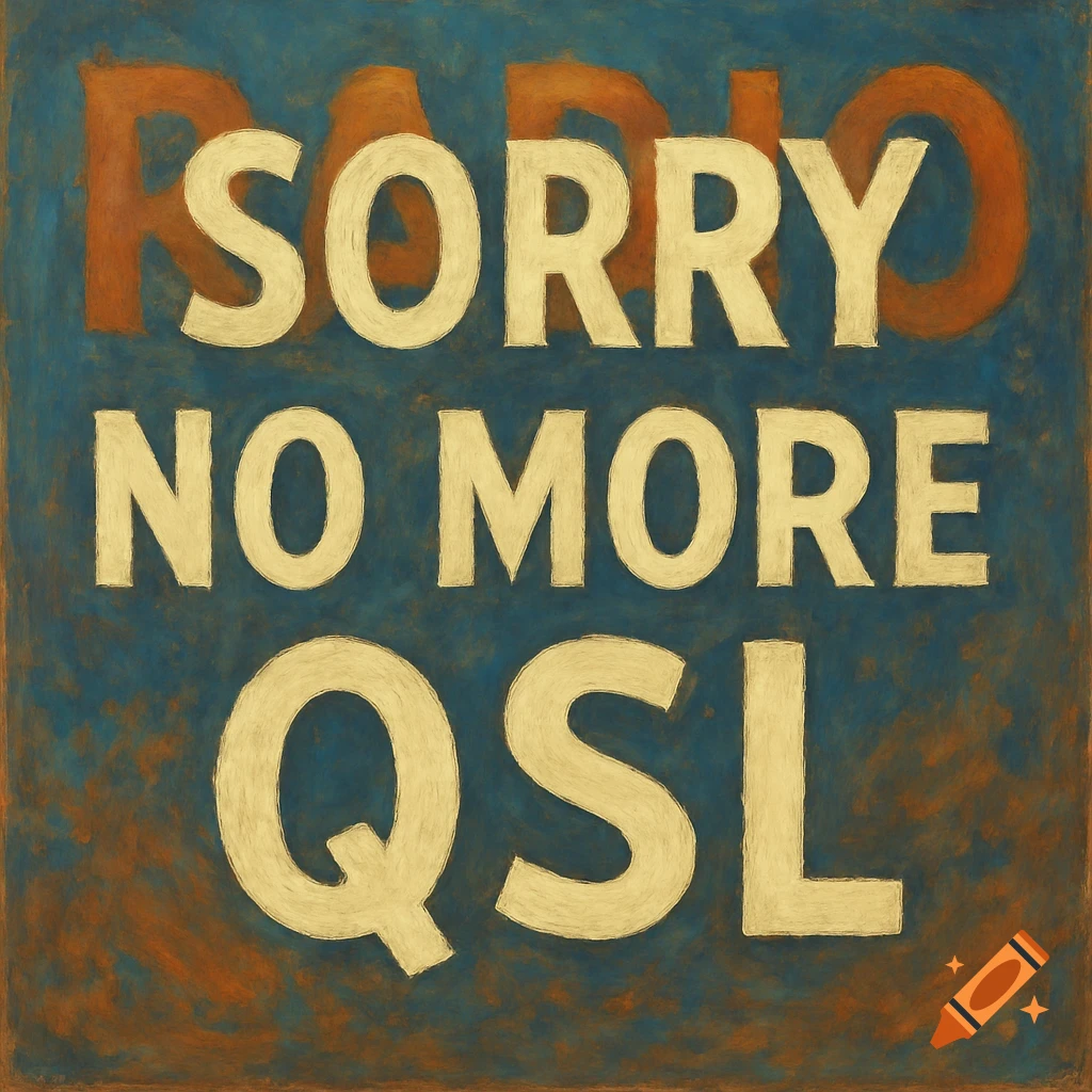 Vintage-style painting with the words "SORRY NO MORE QSL" in white over a faded orange "RADIO" on a textured blue background.