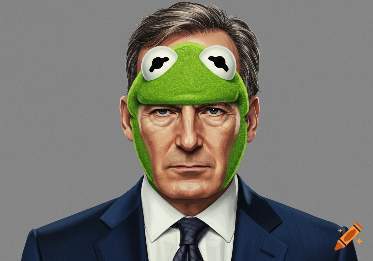 Portrait of a man with a Kermit the Frog mask covering most of his face, wearing a dark suit and tie.