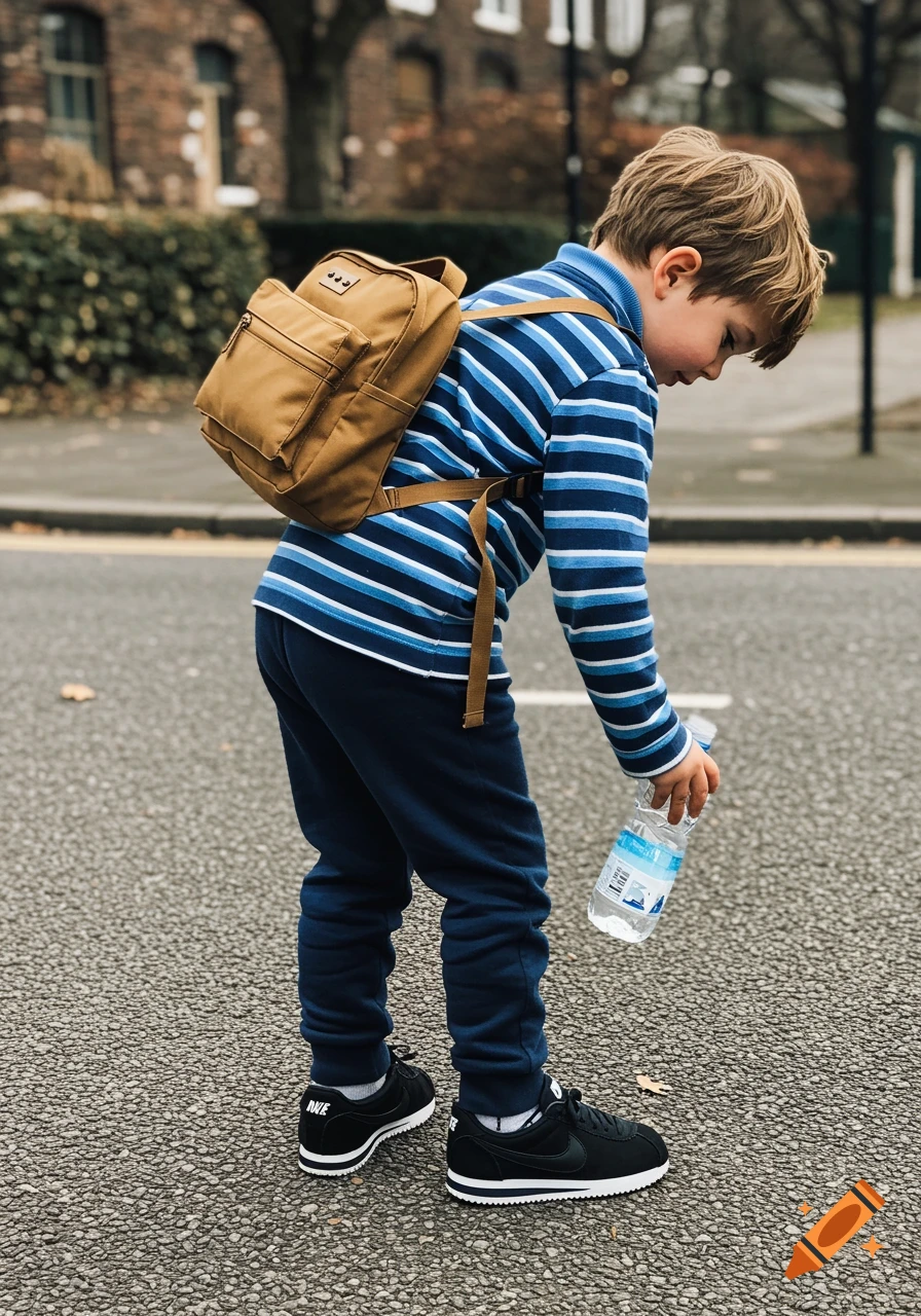 A young boy wearing a backpack and striped shirt bends down to pick up a plastic water bottle from the street.