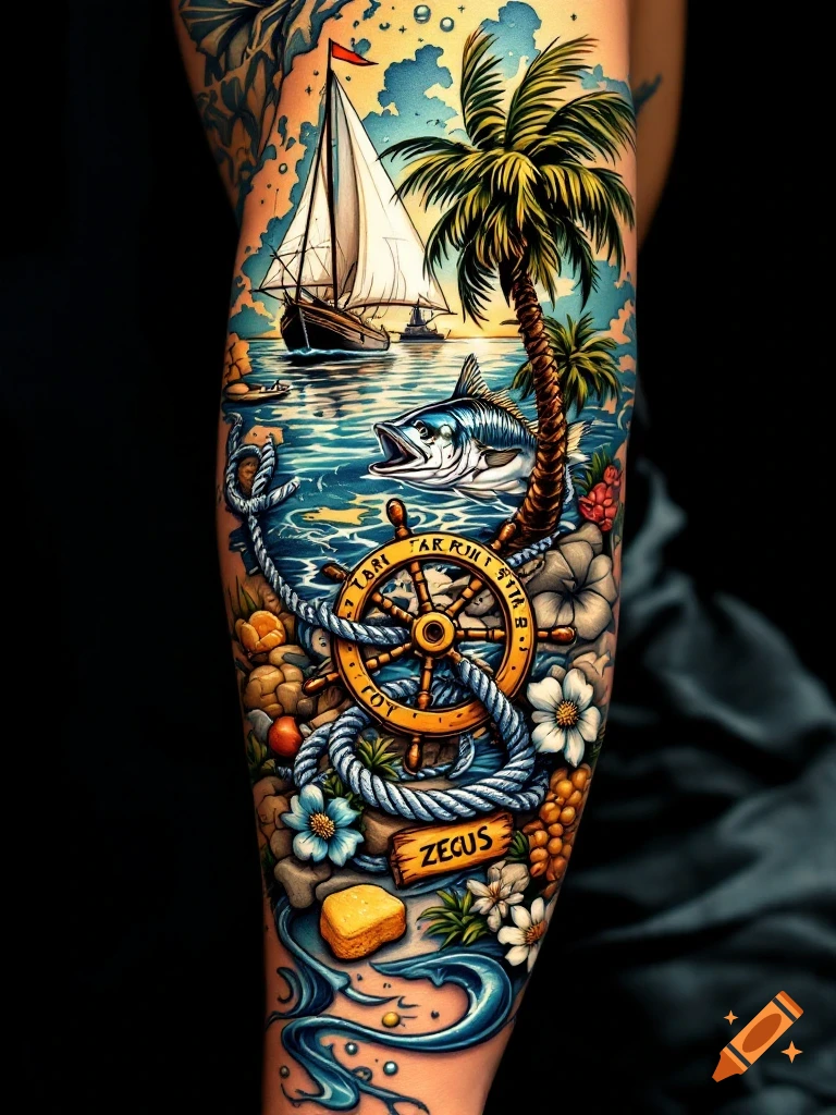 Vibrant tattoo sleeve featuring a sailing ship, palm tree, fish, ship's wheel with rope, sponge, and flowers in a nautical scene.