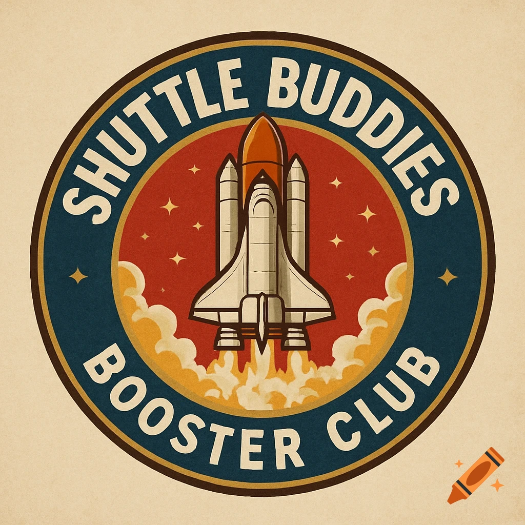A retro-style circular logo for a 'Shuttle Buddies Booster Club' featuring a space shuttle launching with stars and smoke on a red and blue background.