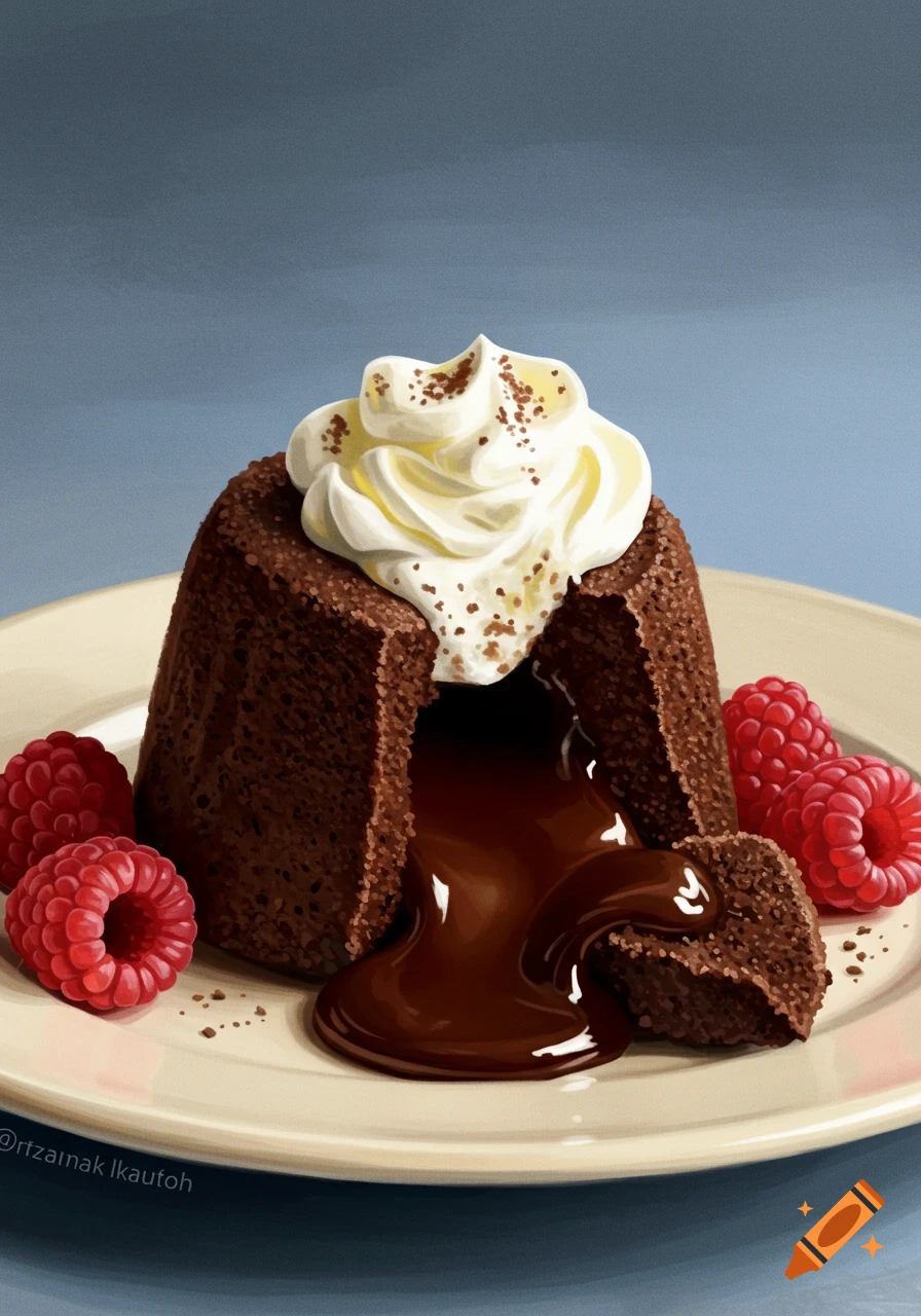 A delectable chocolate lava cake with a gooey center, topped with whipped cream and raspberries on a plate.