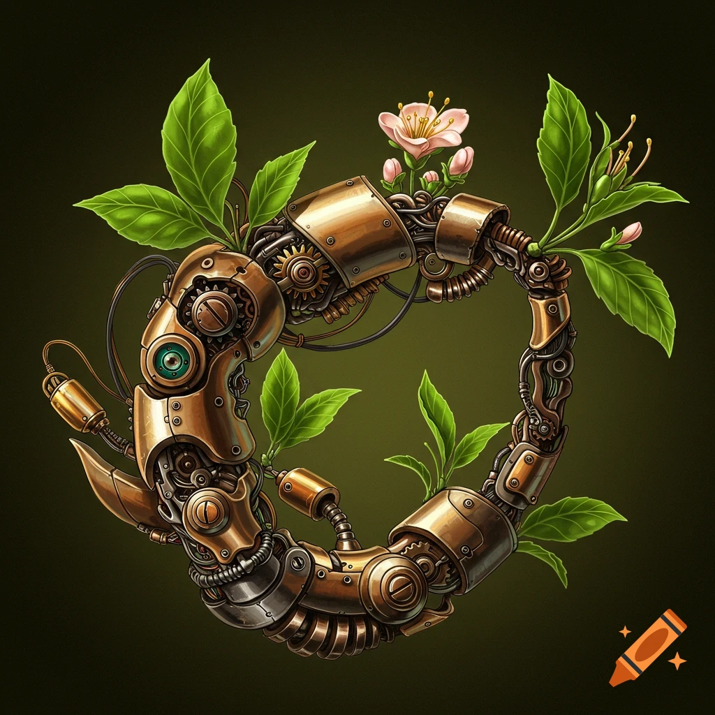 Steampunk robot parts with leaves and flowers in a circular shape