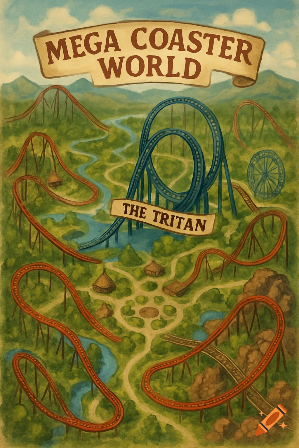 A detailed painted map of a theme park called Mega Coaster World, featuring various roller coasters including 'The Tritan', rivers, and trees.