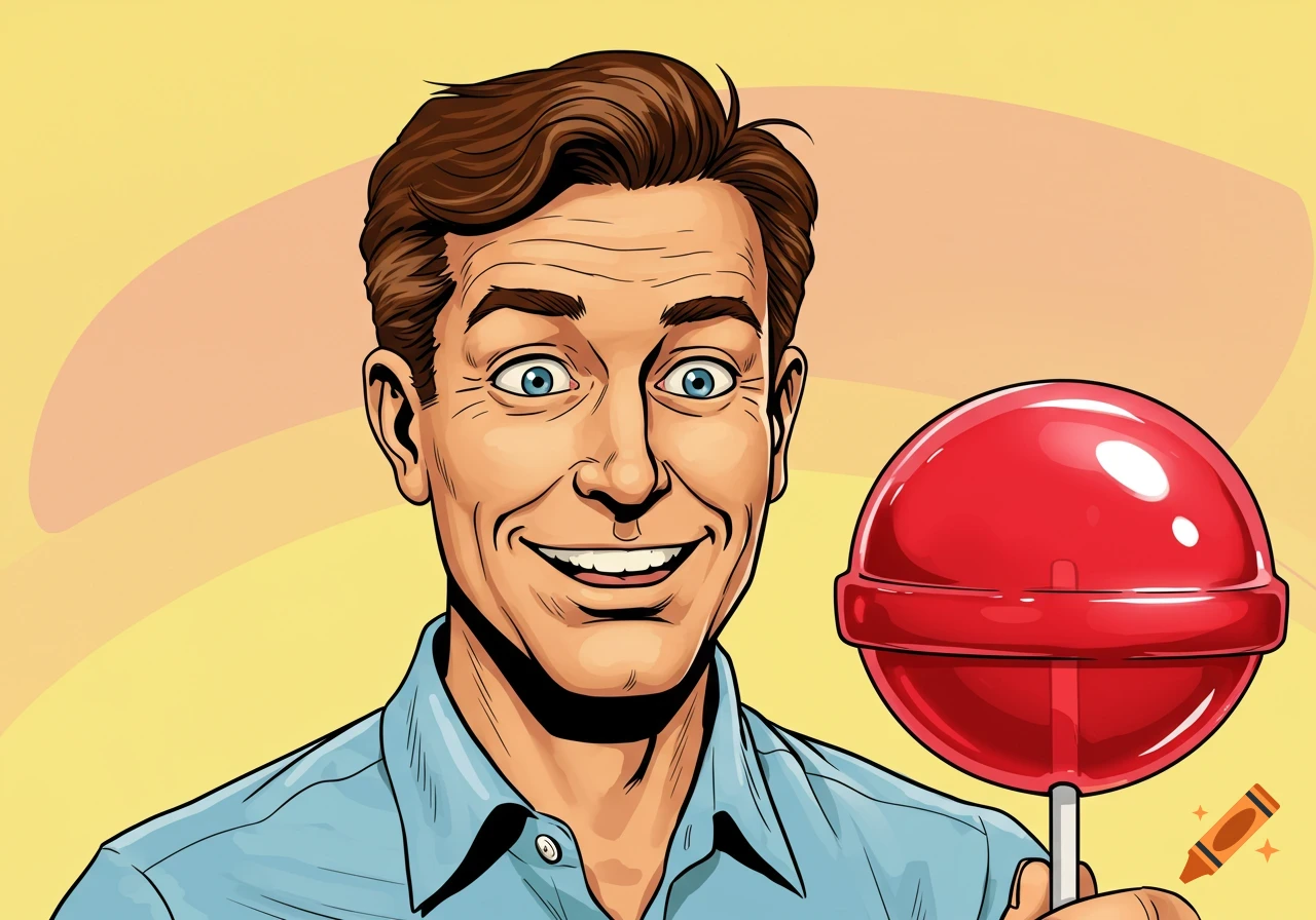 A cartoon man with brown hair, blue eyes, and a wide smile holds a large red lollipop in a pop art style.