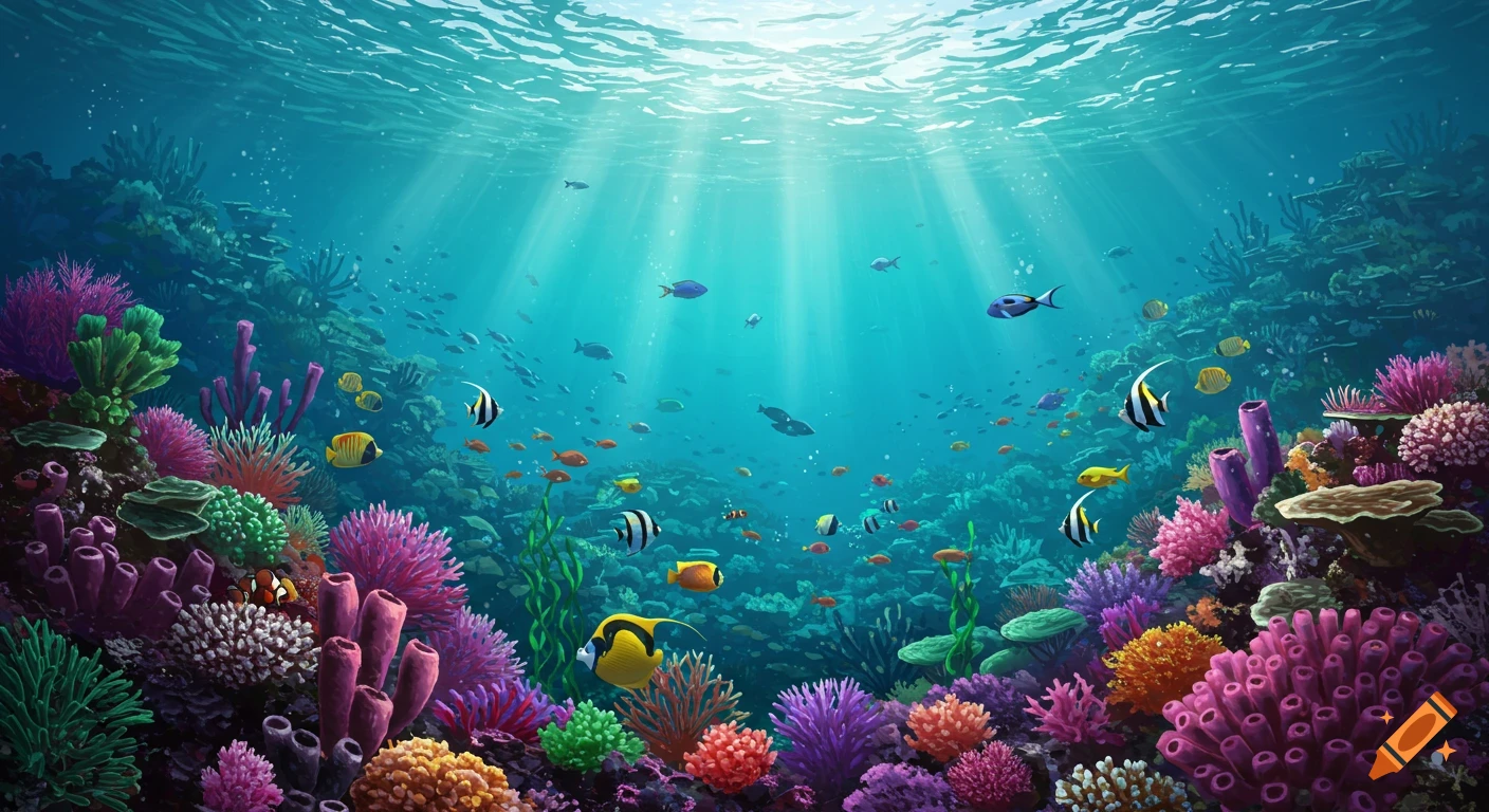 Vibrant underwater scene with colorful coral and diverse fish, with sunlight filtering from the surface.