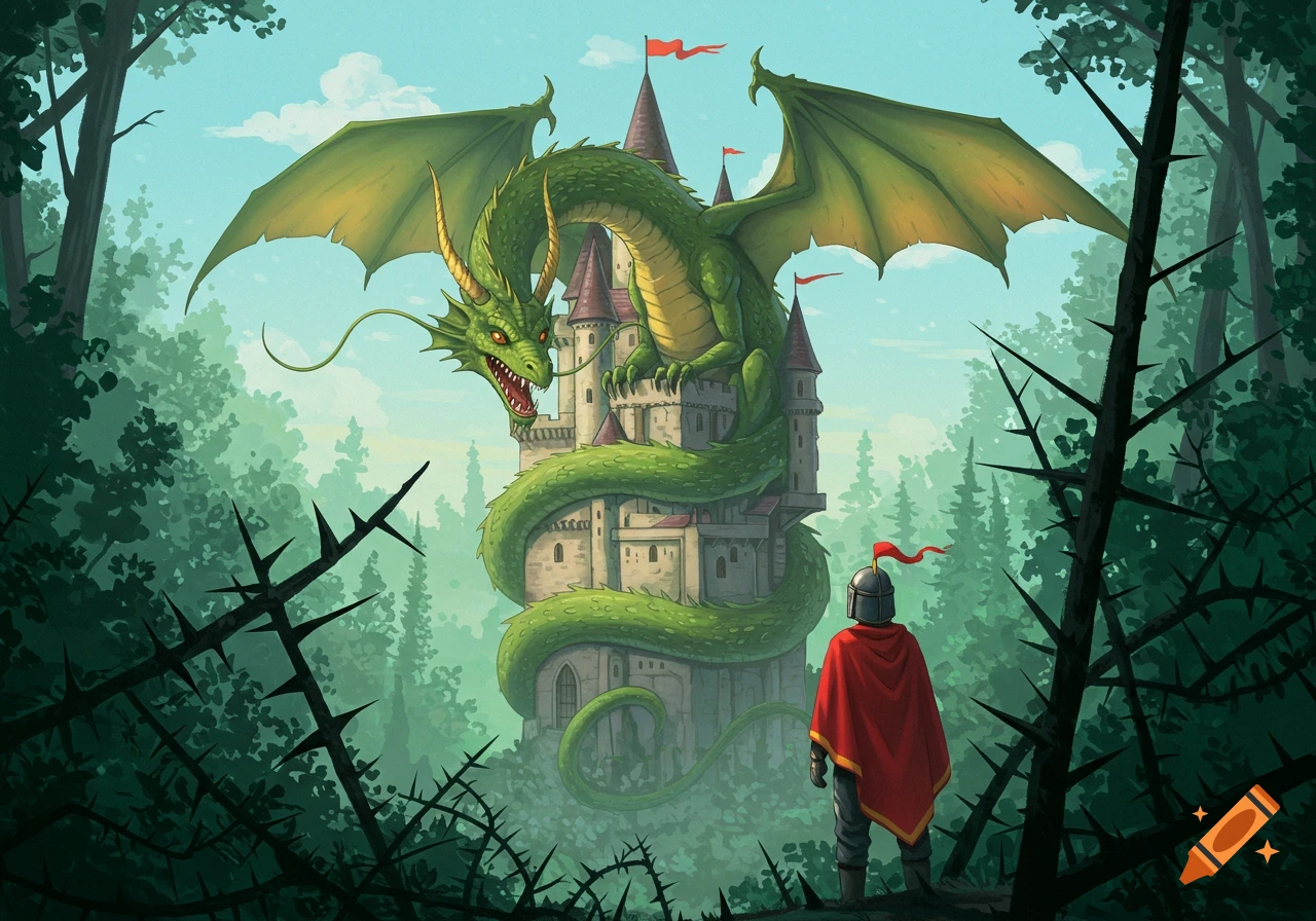 A knight in a red cape faces a castle wrapped by a green dragon. Forest and thorns frame the scene, in an 80s cartoon style.