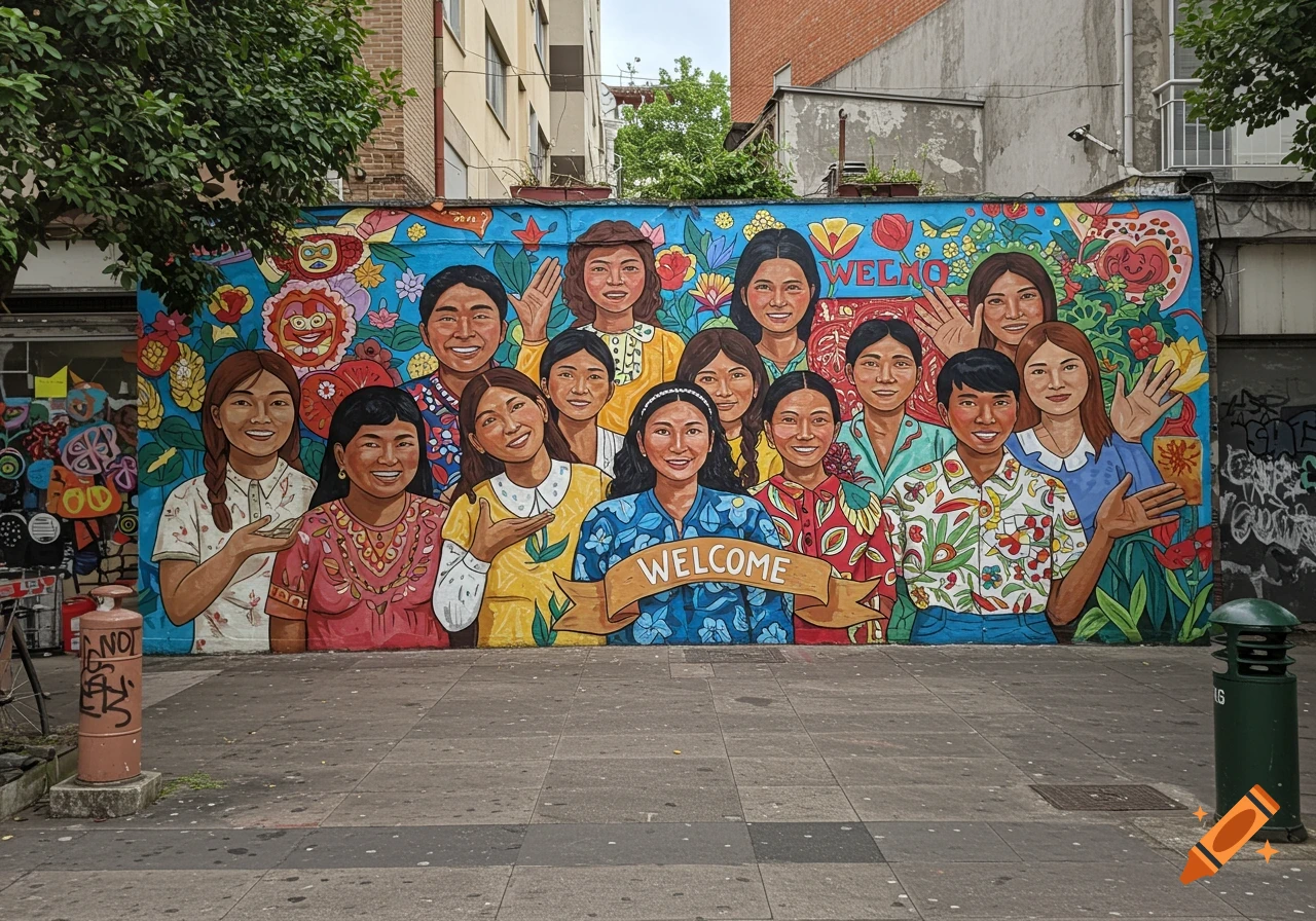 A colorful mural on a wall depicting a group of smiling people and flowers with a banner that reads "WELCOME".
