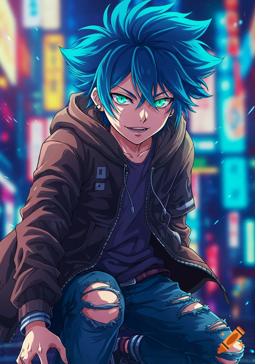Anime boy with spiky blue hair and glowing green eyes, wearing a brown hoodie and ripped jeans, in a neon city setting.