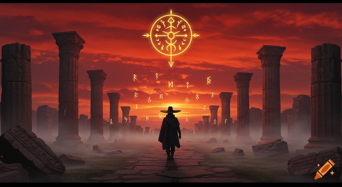A lone figure in a cloak and hat walks through misty ancient ruins under a red sky, with glowing runes and a sigil.