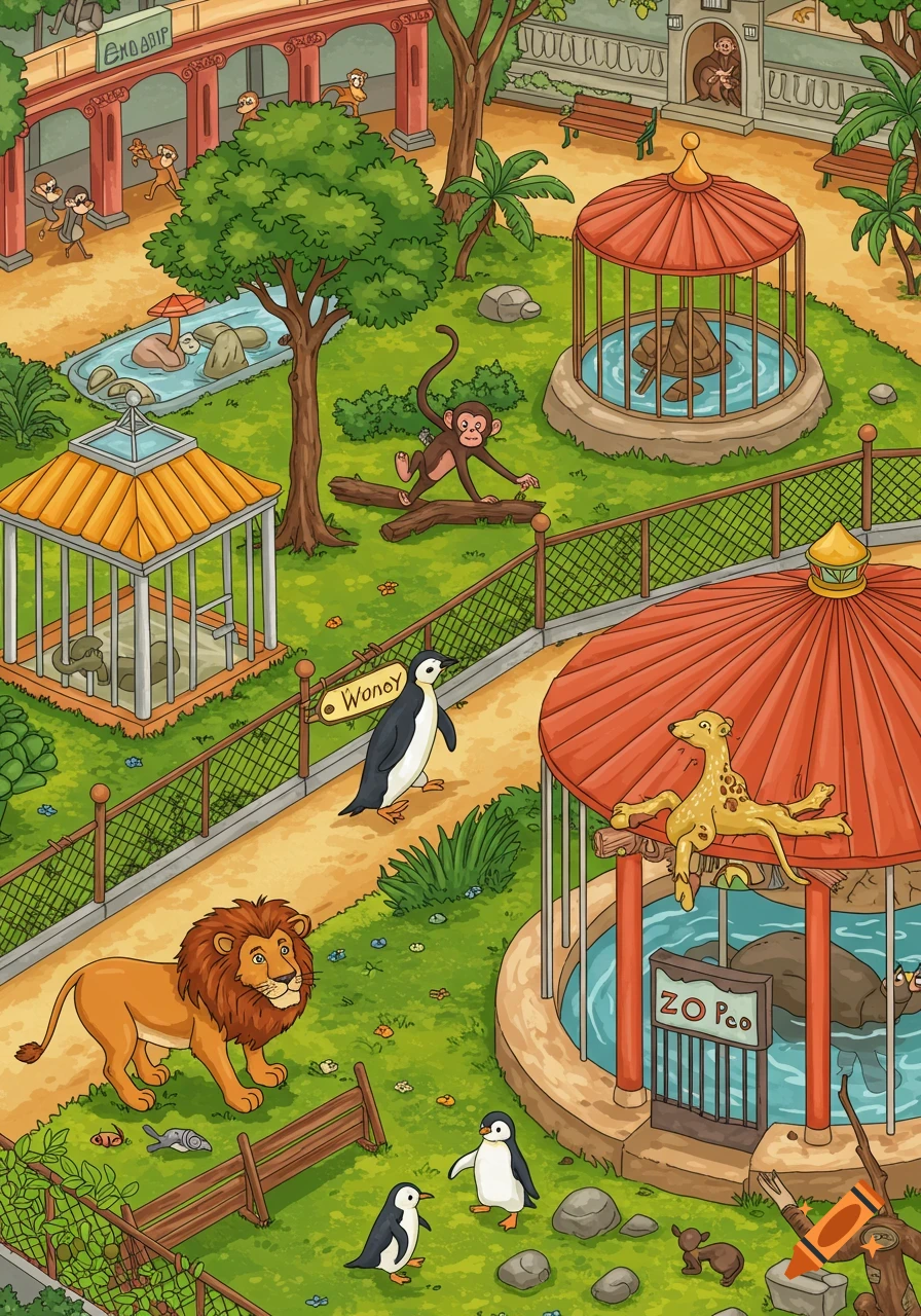 A cartoon illustration of a busy zoo scene with various animals.