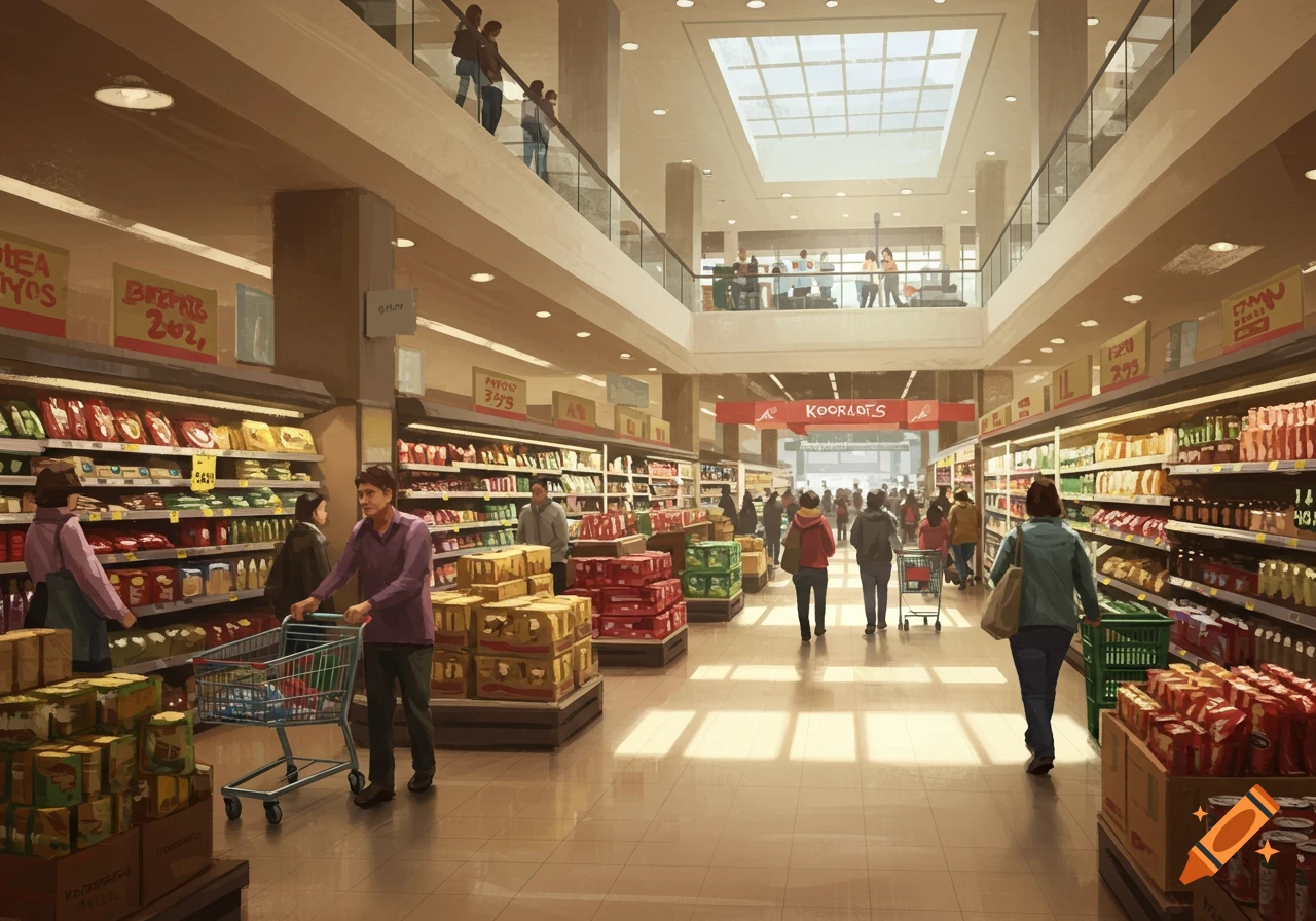 A busy supermarket interior with people shopping in aisles and on upper levels. The style is illustrative.