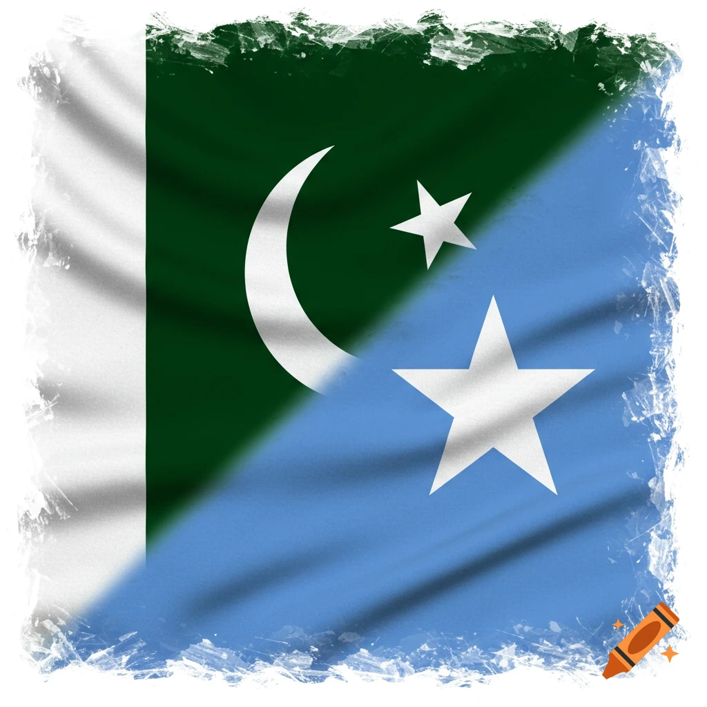 A diagonal split image combining the green and white flag of Pakistan with the light blue and white flag of Somalia. The edges have a brush stroke texture.