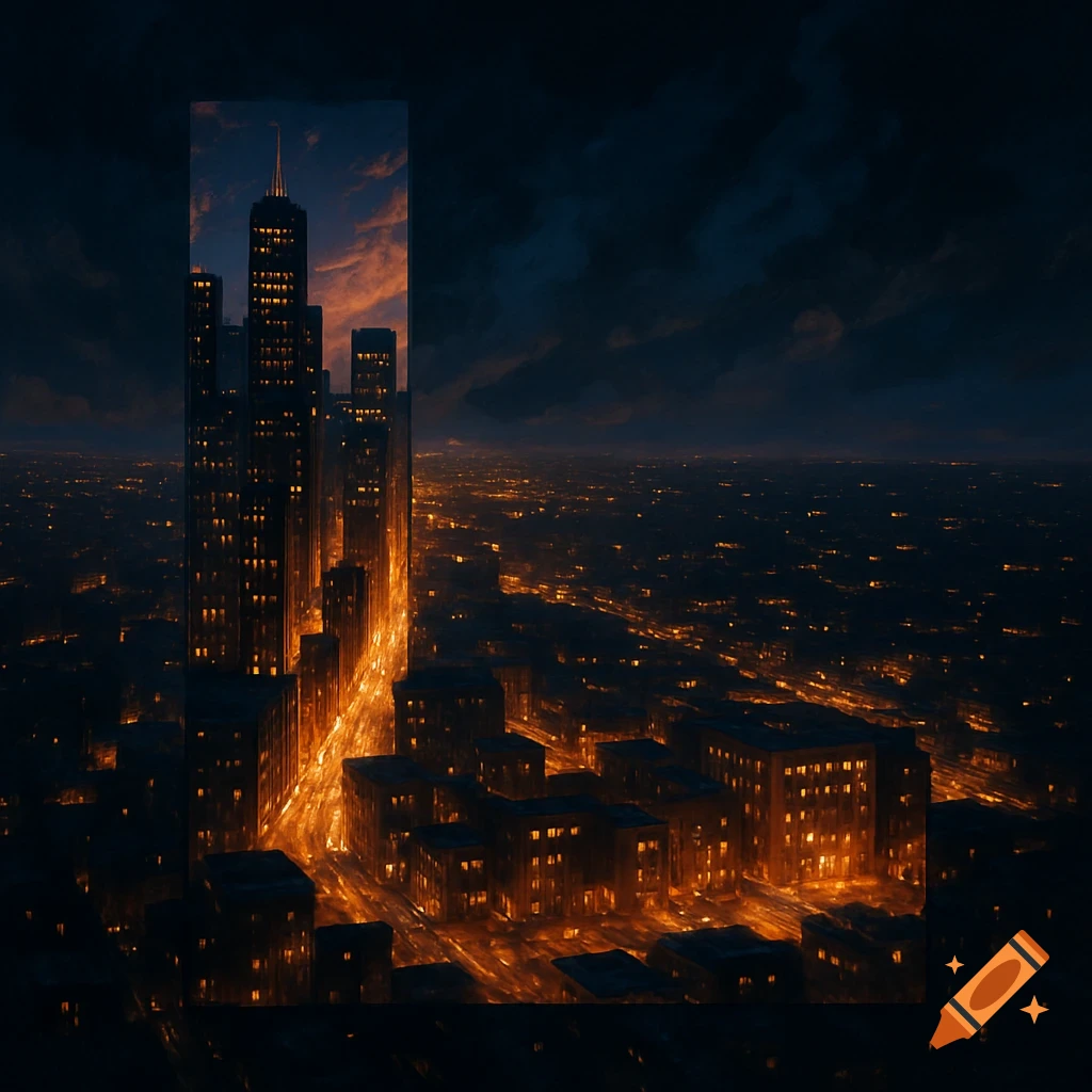 Nighttime aerial view of a city with lit buildings and roads on Craiyon