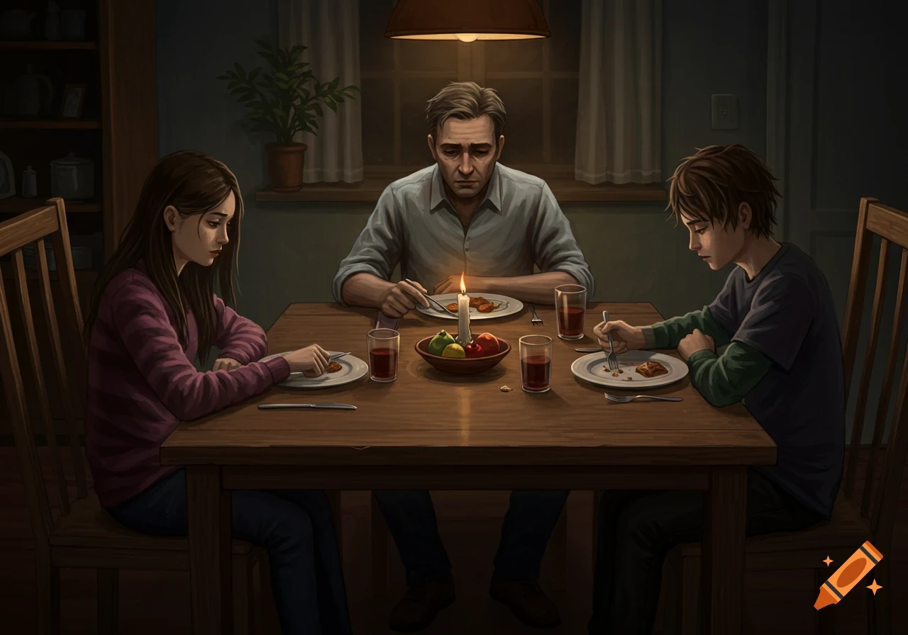 A sad family (father, daughter, son) eating dinner by candlelight at a wooden table in a dimly lit room, illustration.