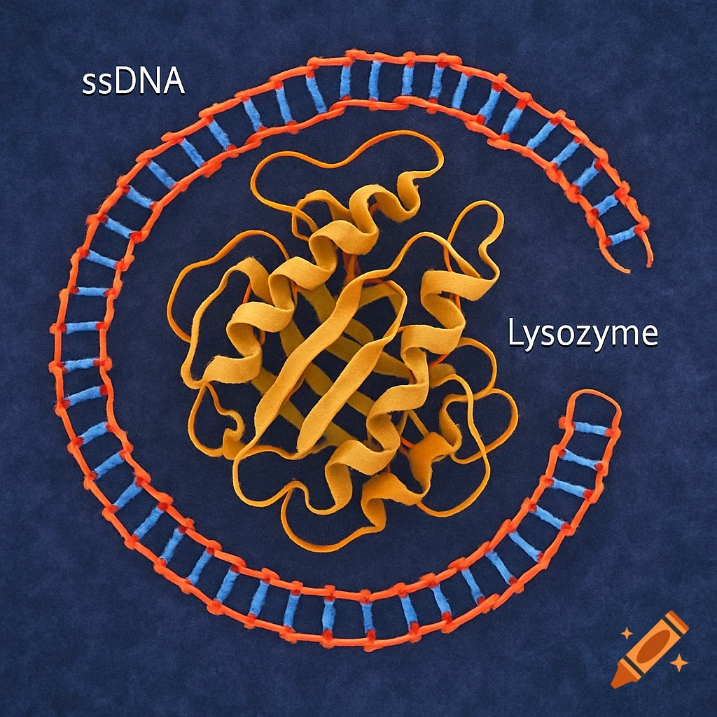 A scientific illustration of a yellow lysozyme protein surrounded by a segmented orange and blue ssDNA strand on a dark blue background.