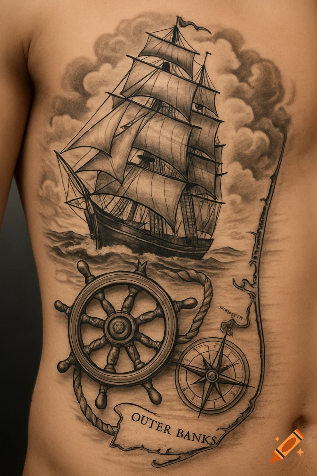 Black and grey tattoo on torso of a ship, wheel, compass, and Outer Banks map.