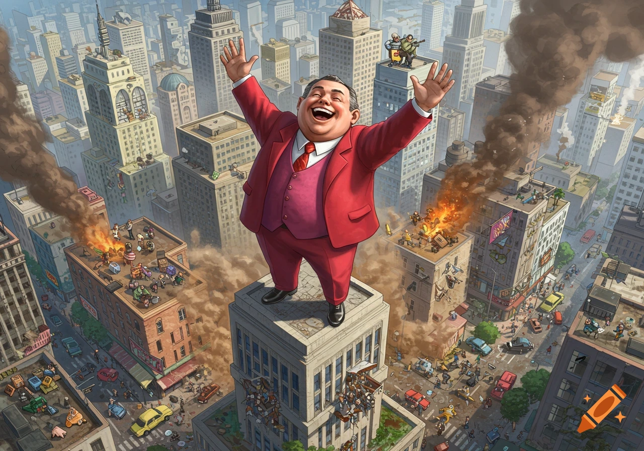 Giant man in red suit stands on skyscraper in chaotic city with smoke and fleeing people.