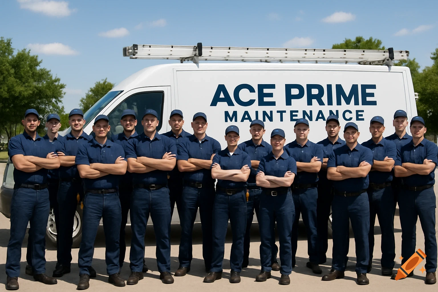 Photorealistic image of a group of male and female maintenance technicians in blue uniforms posing in front of a white truck that says 'ACE PRIME MAINTENANCE' under a clear sky.