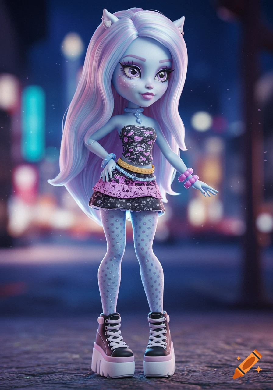 Stylized 3D render of a blue-skinned doll with long pastel hair, patterned dress, and platform sneakers on a cyberpunk street.