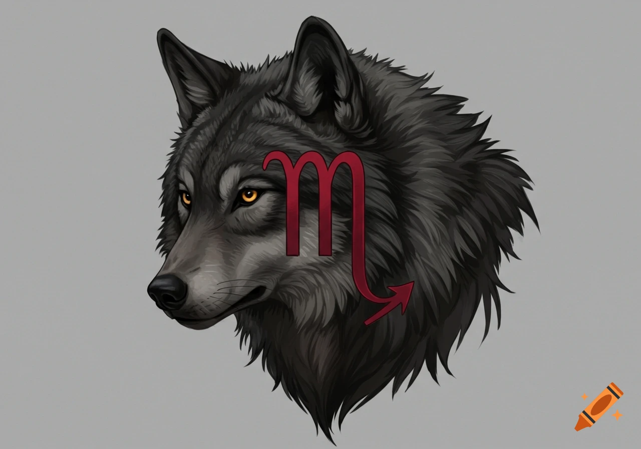 A stylized illustration of a grey wolf's head in profile with a red Scorpio astrological symbol overlaid on its face.
