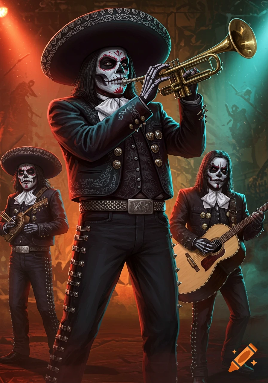 A heavy metal mariachi band of skeletons plays music on a stage.