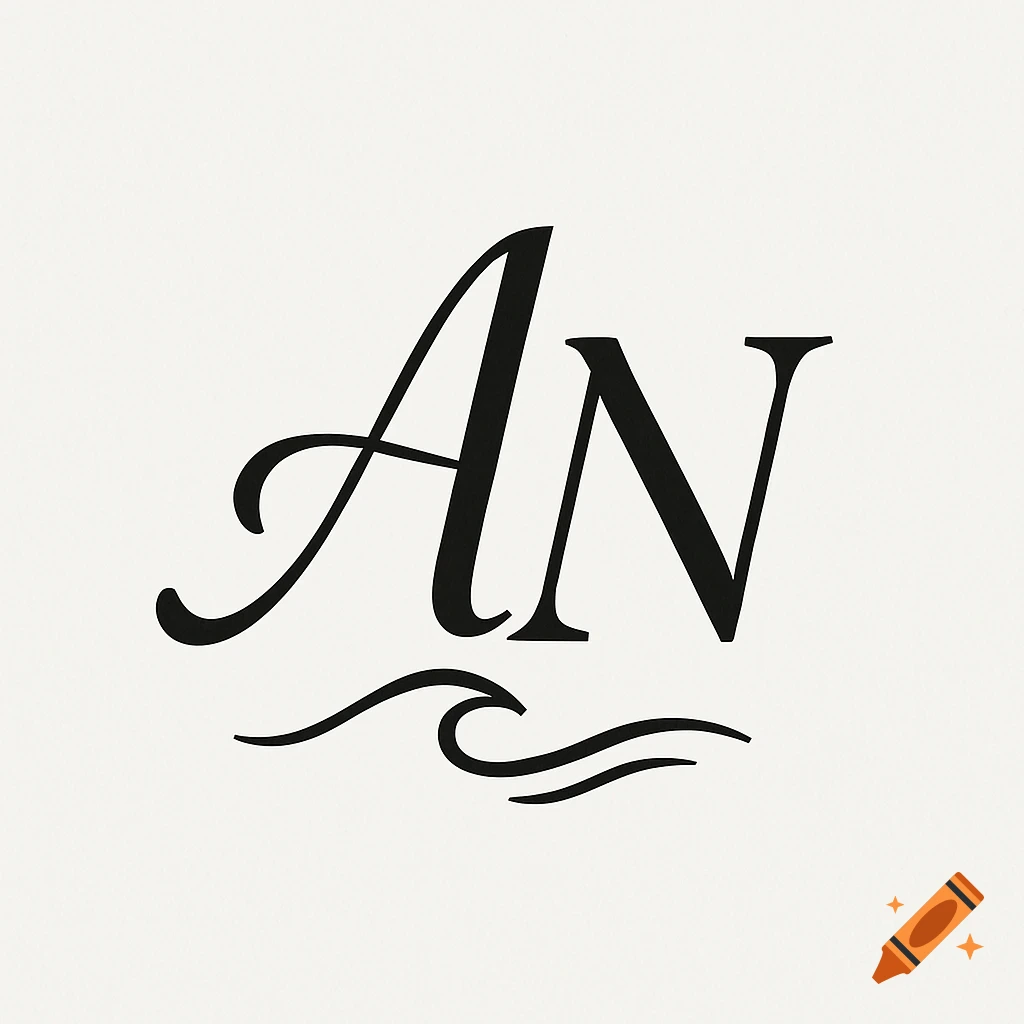 Black and white monogram of letters AN with decorative wave elements