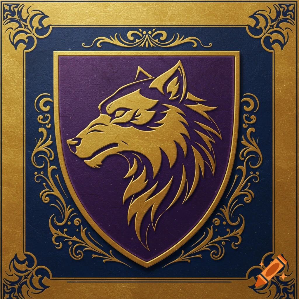 Golden wolf head emblem on a purple shield, framed by elaborate gold and dark blue borders.