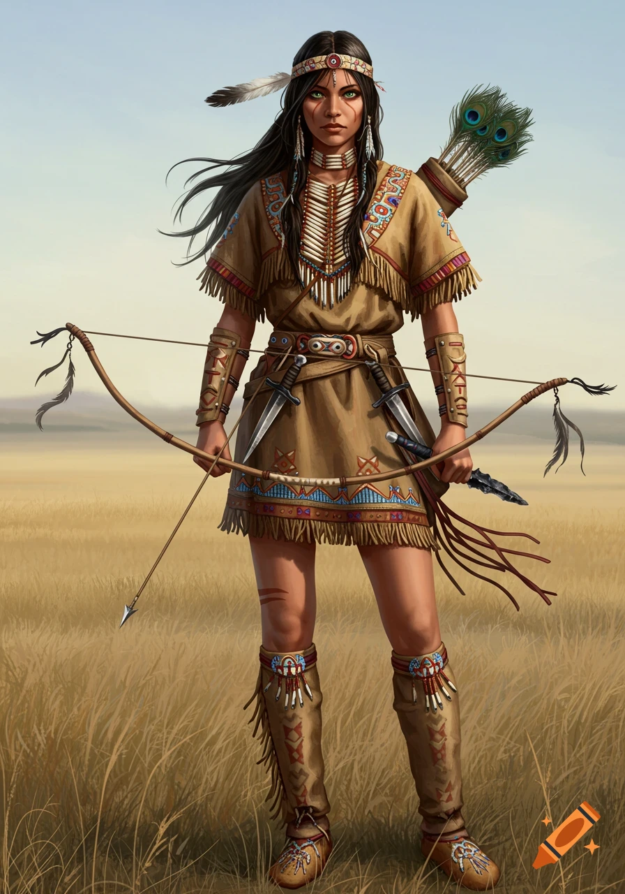 A woman in traditional Native American attire stands in a field, holding a bow and arrow, with peacock feathers in her quiver. Digital painting.
