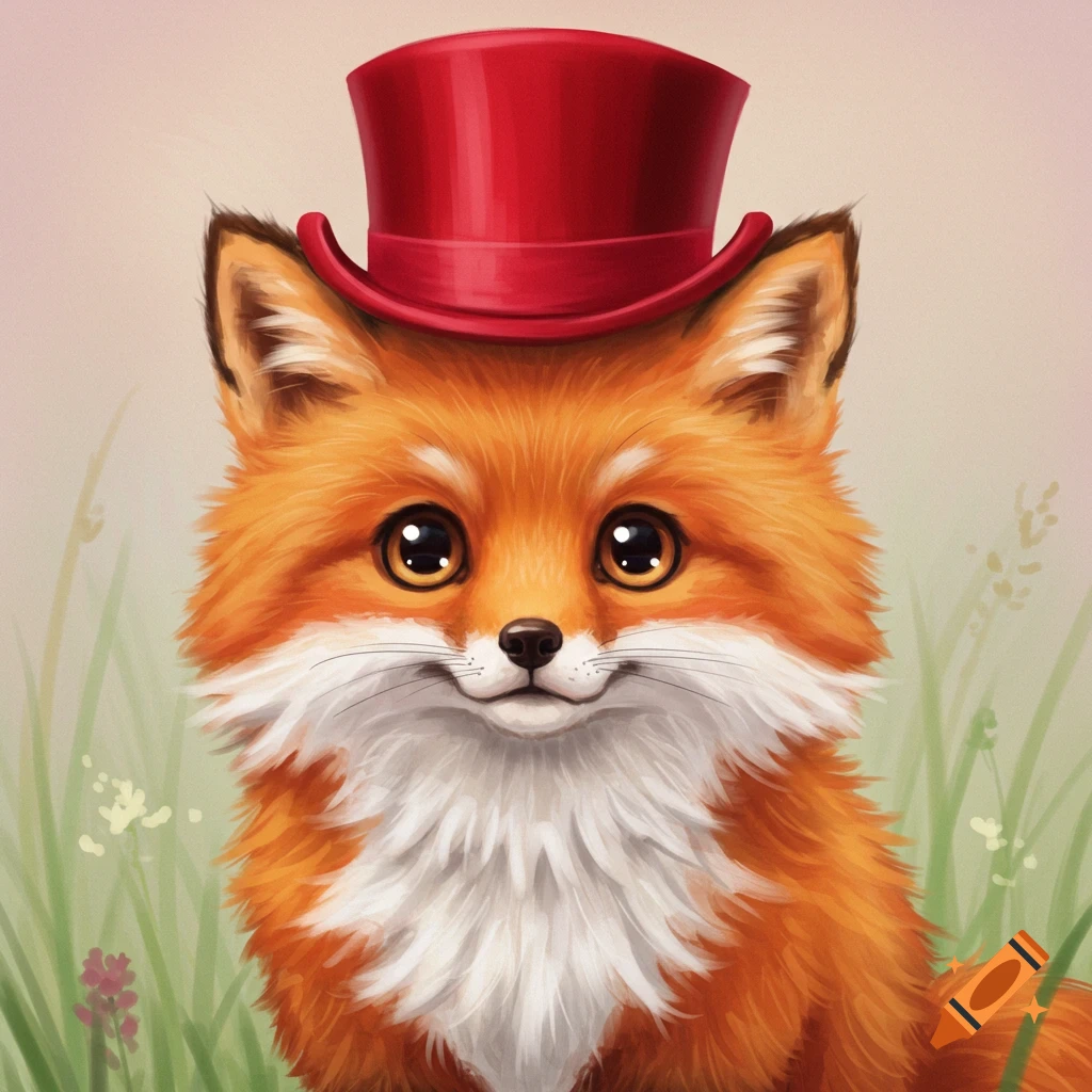 A cute, fluffy orange fox wears a red top hat in a digital painting.
