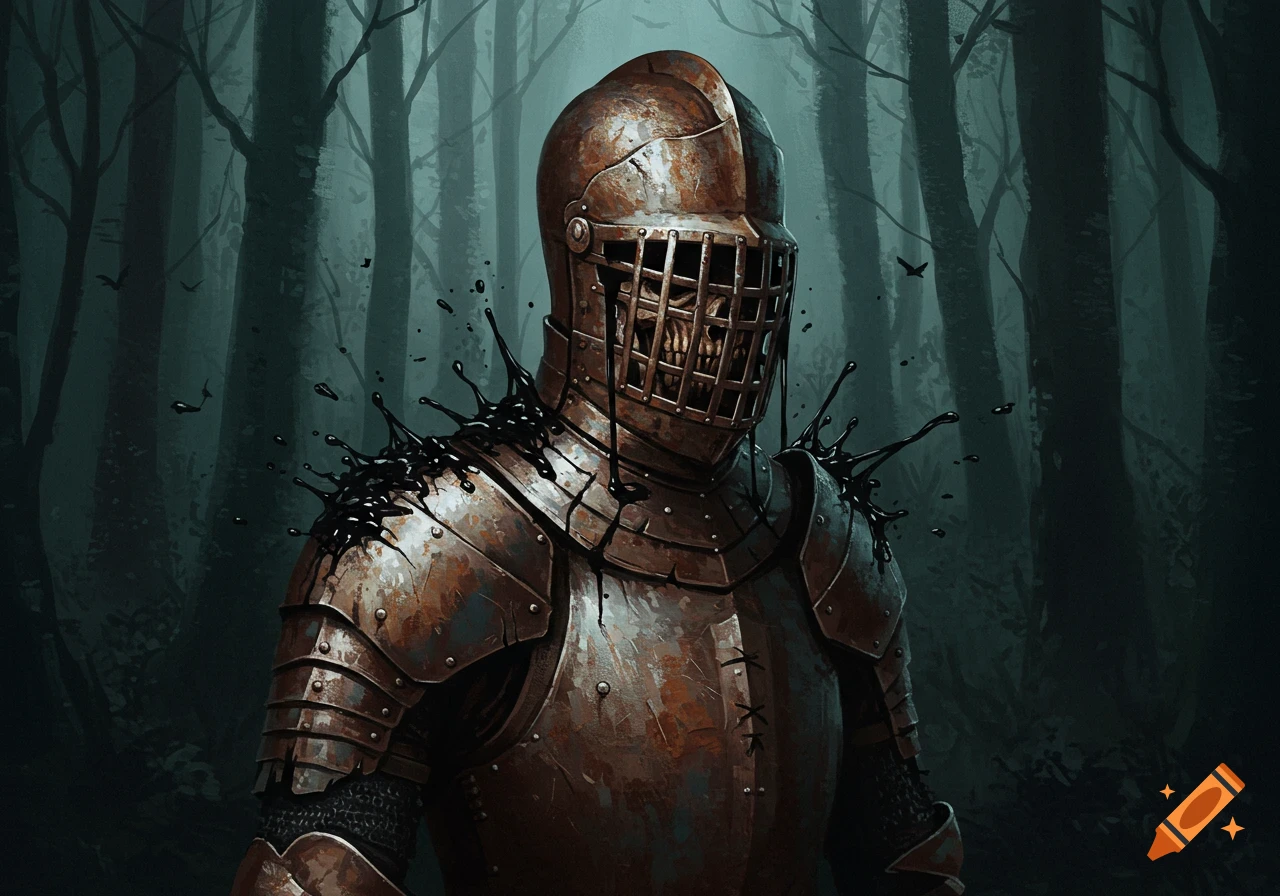 A rusted knight with a cage helmet and skull face in a dark fantasy forest, with black ooze dripping from the armor.