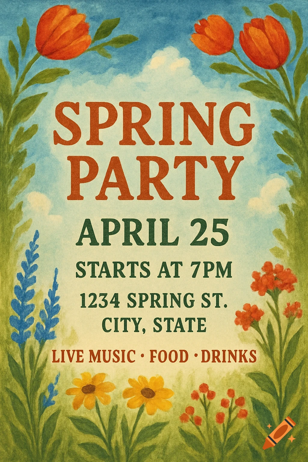 A watercolor flyer for a 'Spring Party' with tulips, lupines, daisies, and event details.